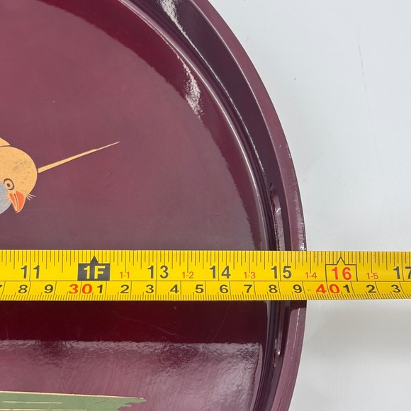 Vintage Japanese Lacquer Tray Bird & Iris Motif Maroon Round Serving Tray Japan - Picture 9 of 10
